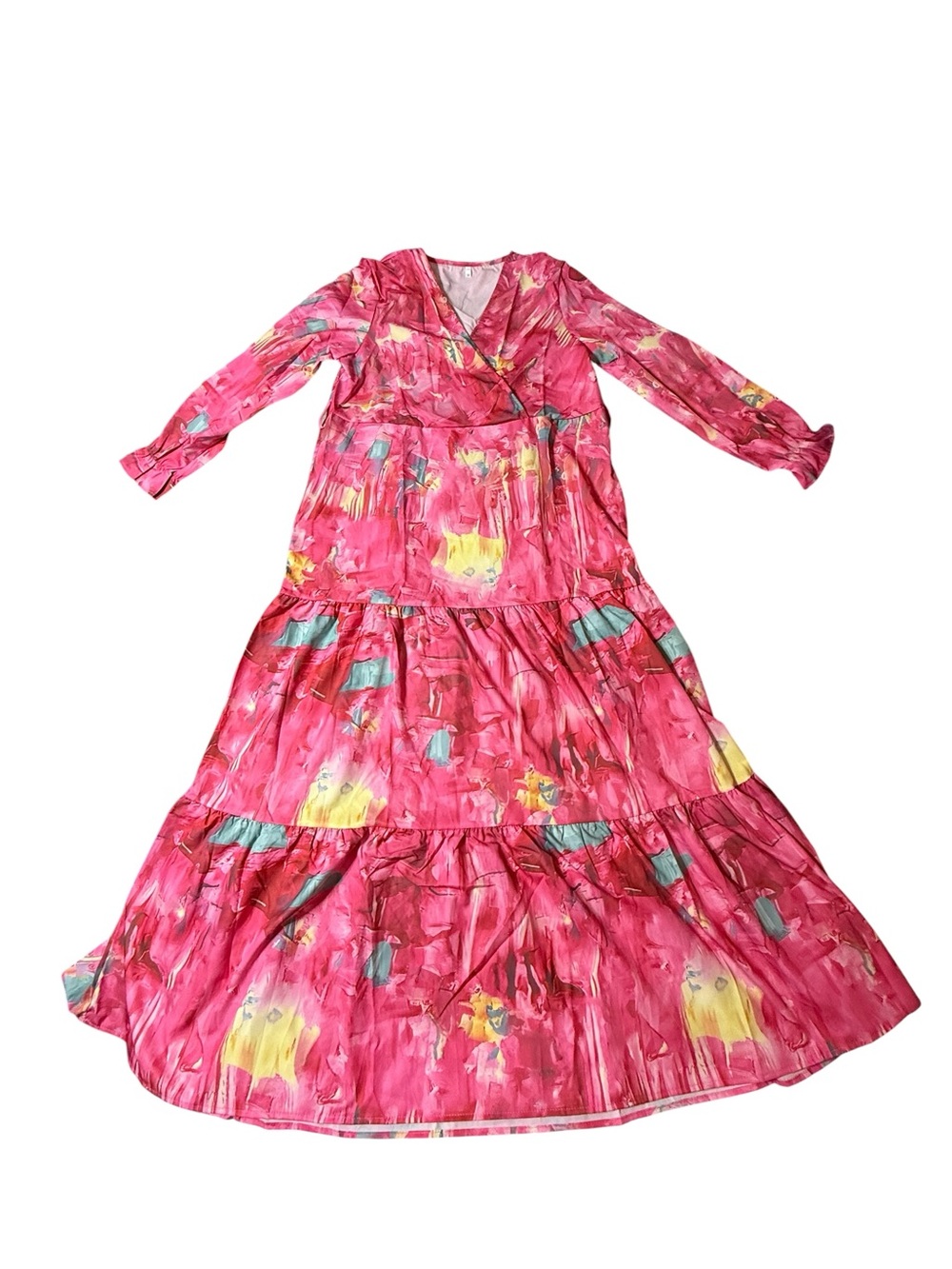 Pink Abstract Floral Tiered Maxi Dress Long Sleeve Faux Wrap Medium